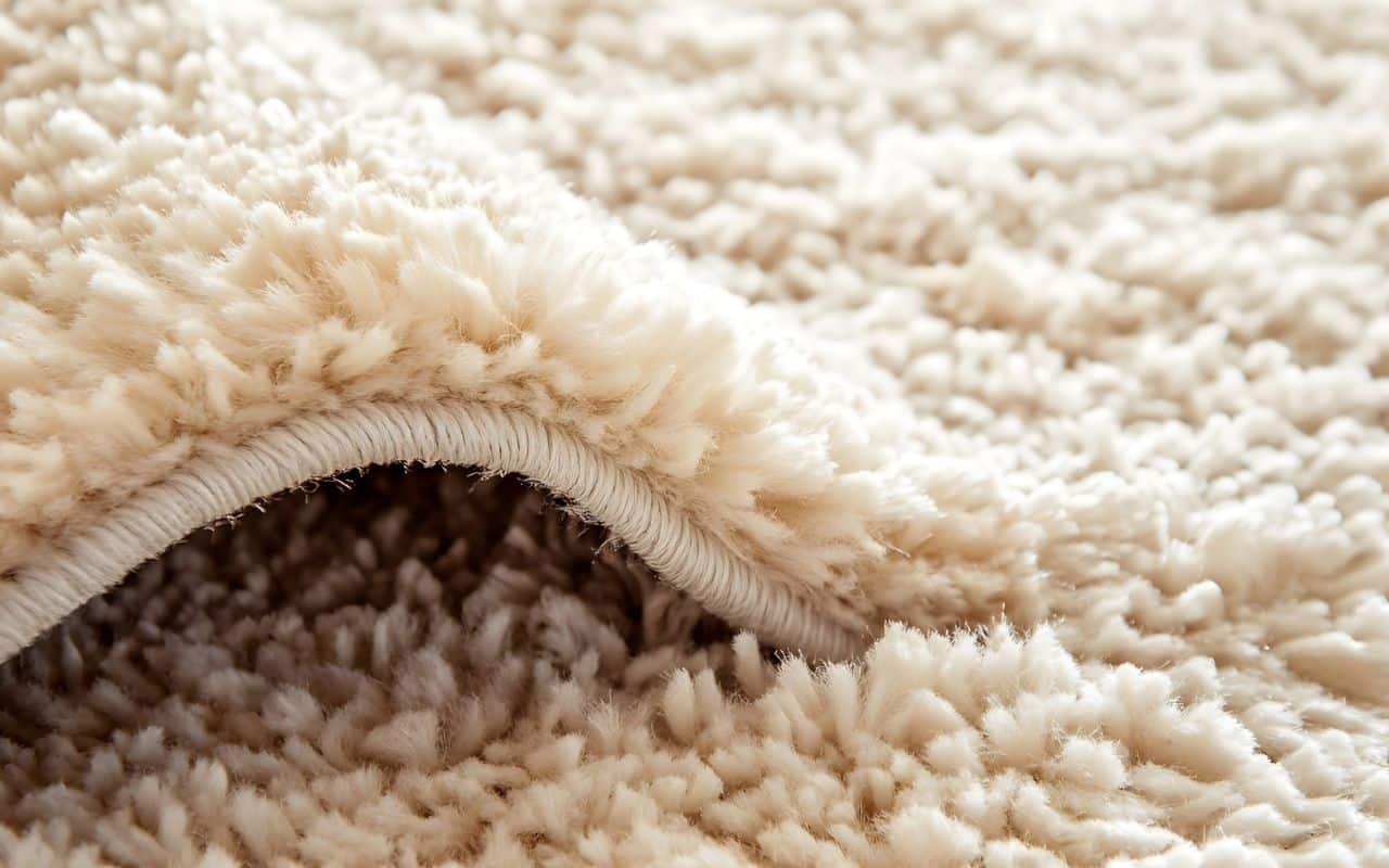 Close-up of high pile carpet folded back to show thickness, fiber density, and backing construction for durability comparison.