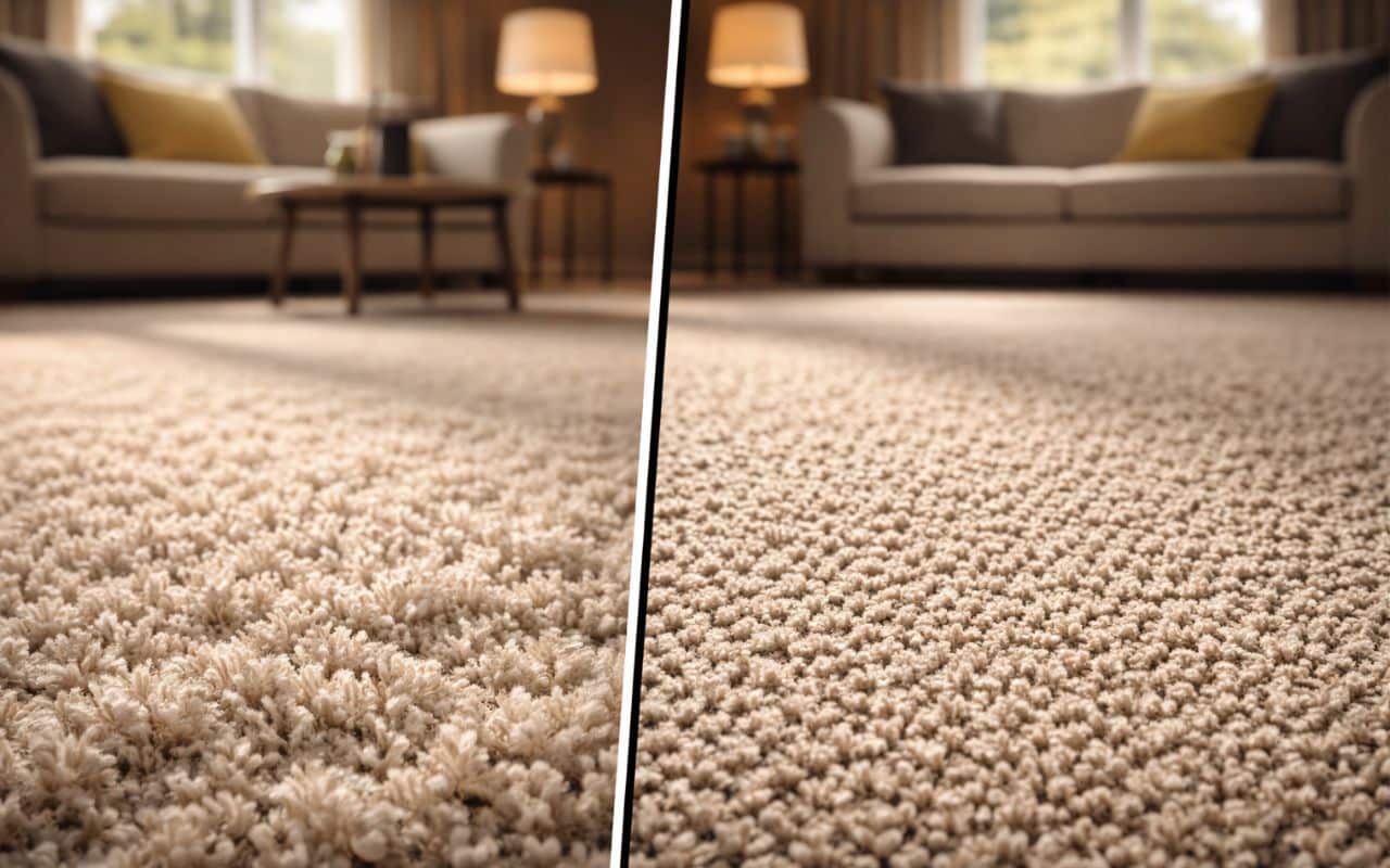 Side-by-side comparison of high pile and low pile carpet textures in a living room setting, illustrating differences in softness, density, and wear resistance.