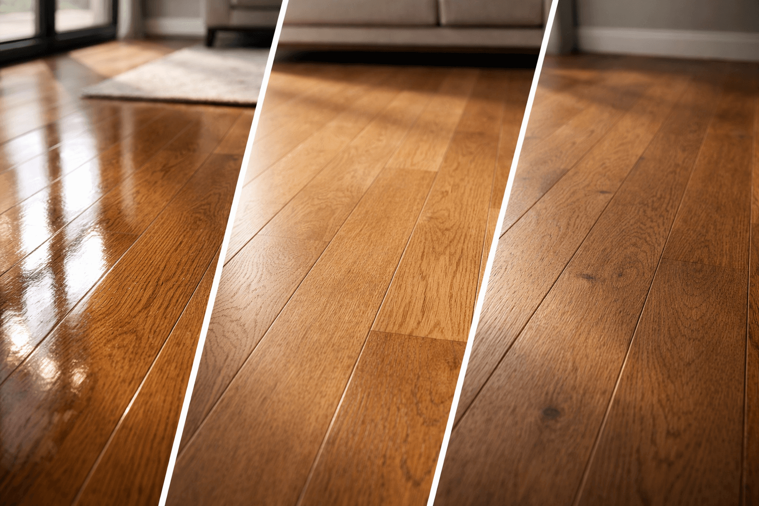 Close-up comparison of gloss, satin, and matte hardwood floor finishes showing reflection differences and natural wood grain detail under daylight.