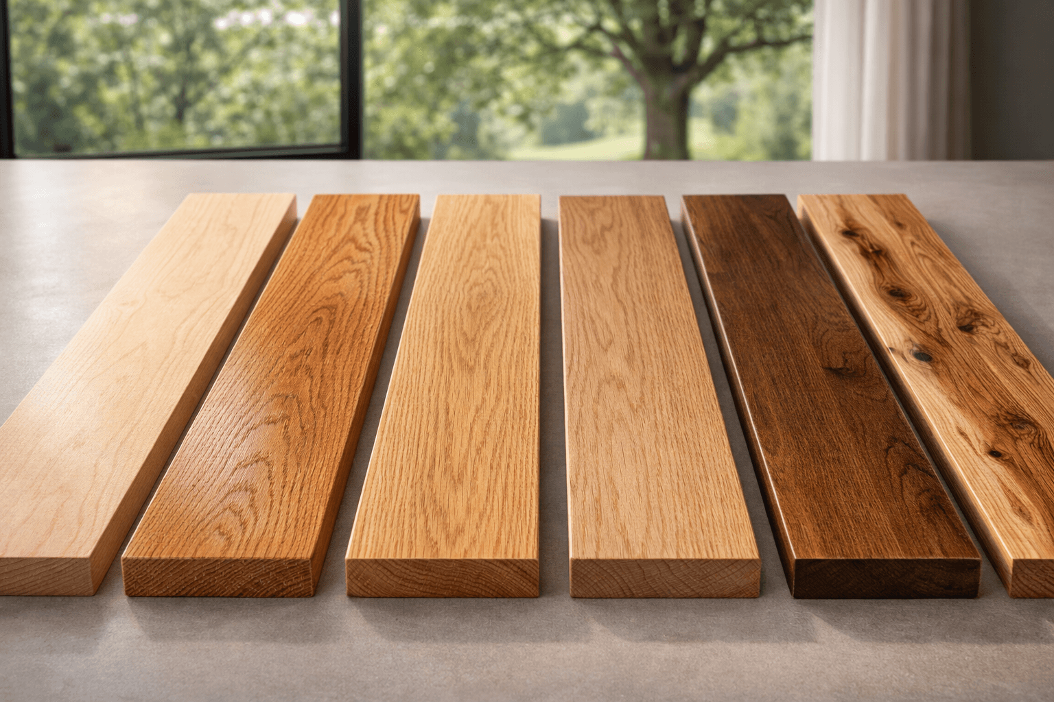 Hardwood flooring species displayed side by side including maple, red oak, white oak, walnut, and hickory showing natural color and grain variation.