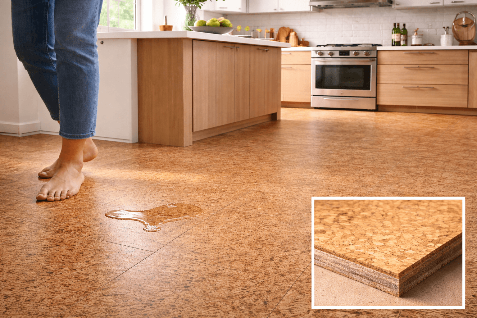 Cork flooring installed in a modern kitchen with natural texture, small water spill, and barefoot comfort demonstration