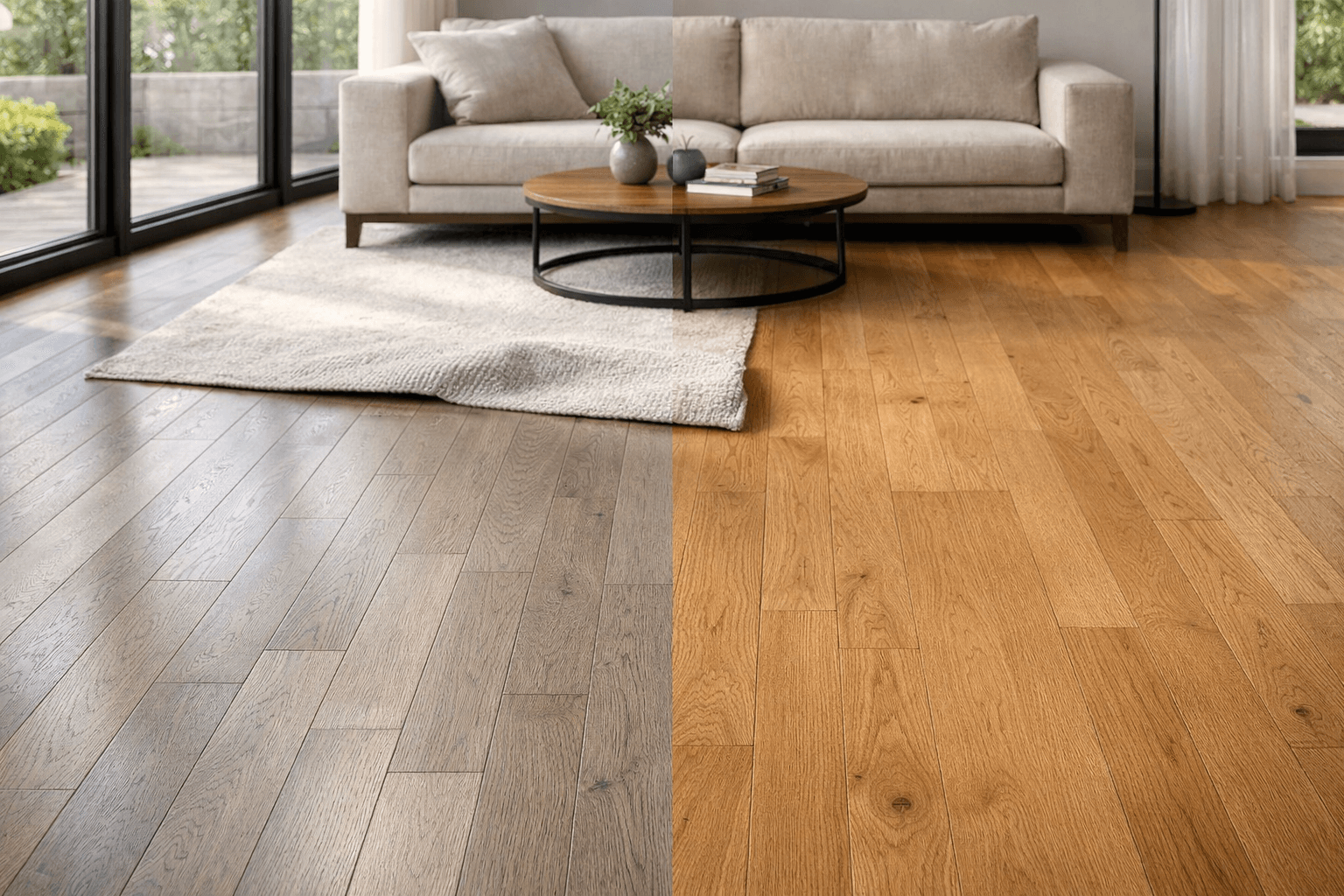 Side-by-side comparison of pre-finished and site-finished hardwood flooring in a modern living room showing satin factory finish versus seamless on-site finish.