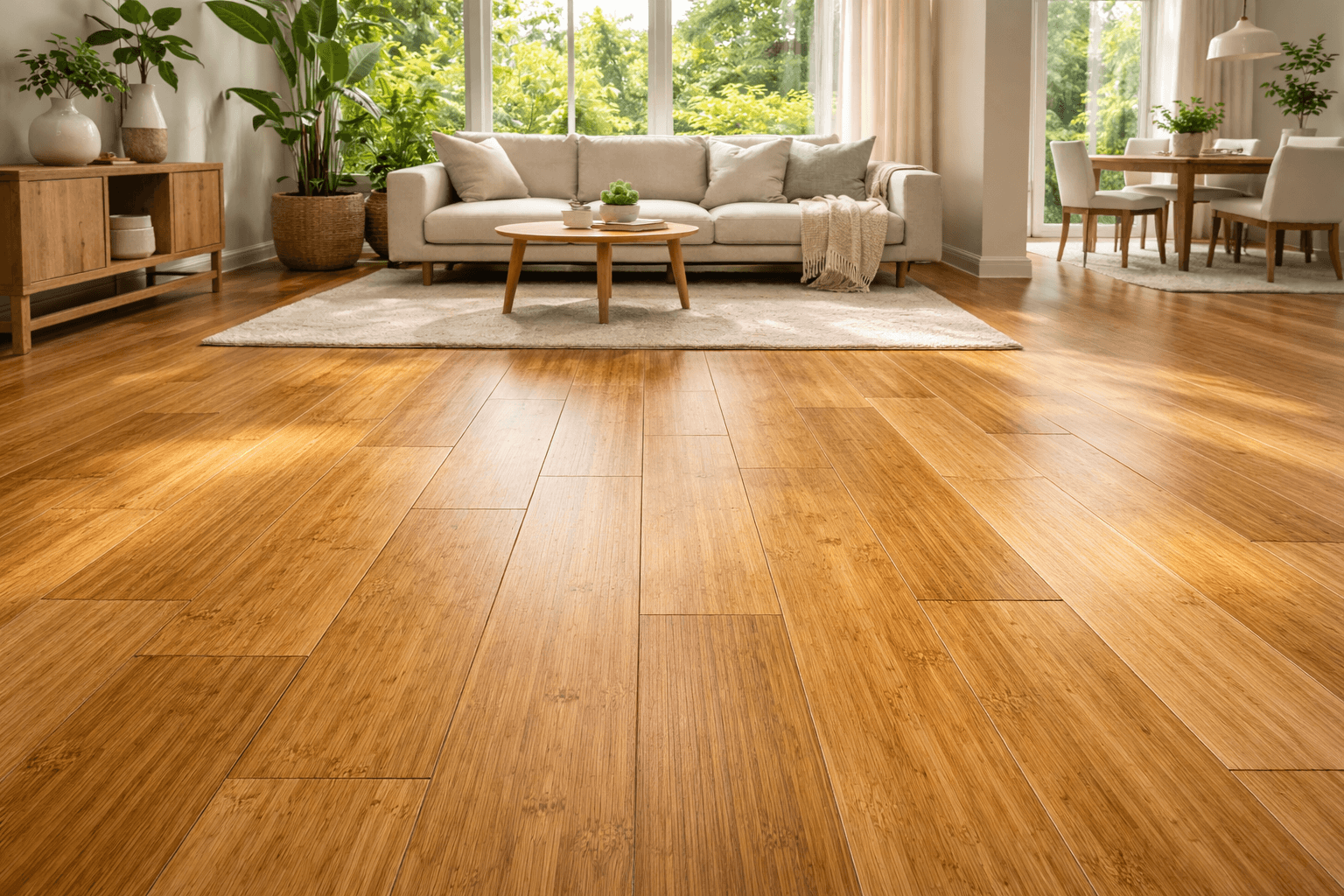 Ultra-realistic modern living room featuring natural bamboo flooring with wide planks and striped grain texture, highlighted by sunlight in a bright eco-friendly home interior.