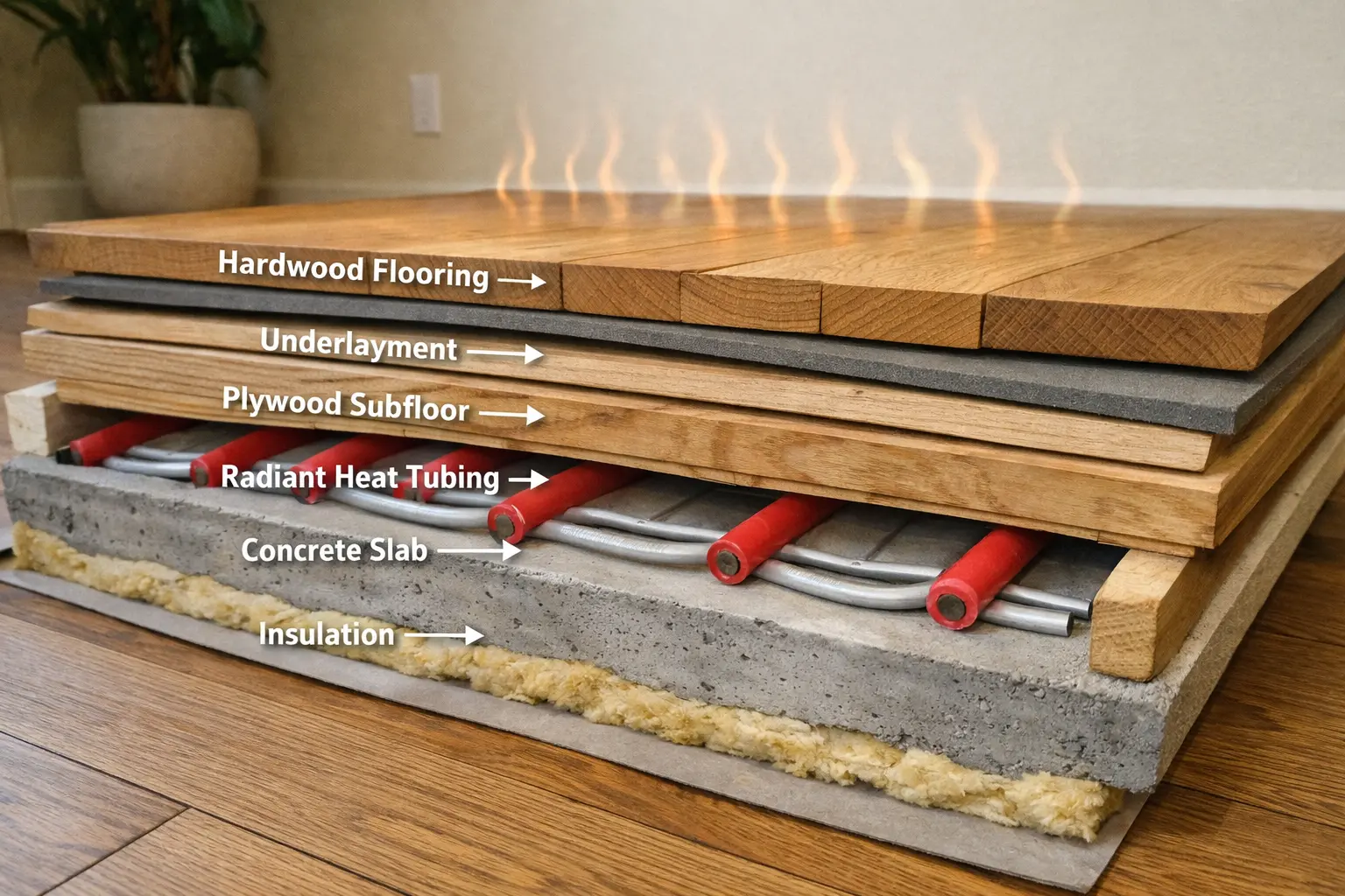 Cross-section diagram of hardwood flooring installed over radiant heat system showing wood planks, plywood subfloor, radiant tubing in concrete slab, and heat rising upward.