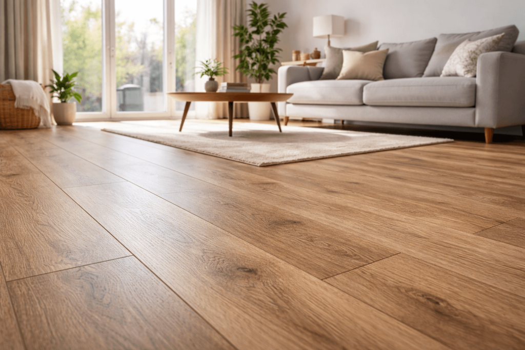 Modern home interior showing finished laminate flooring installation with realistic wood plank texture in a bright living room setting.