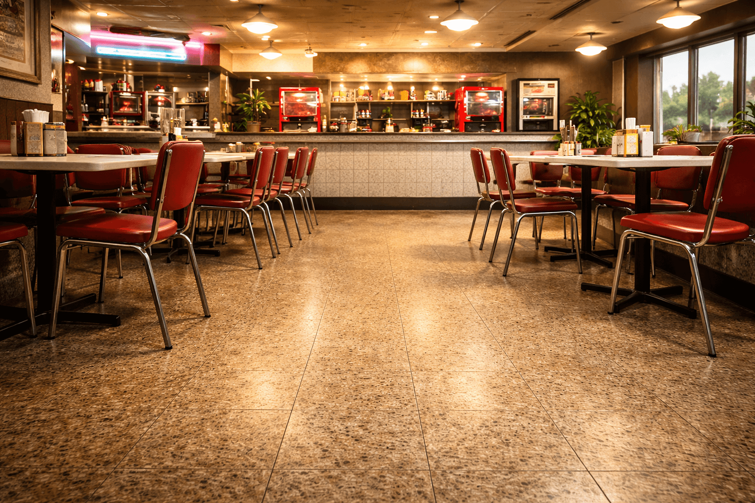 Retro restaurant interior with classic speckled linoleum flooring from the 1980s commercial diner style