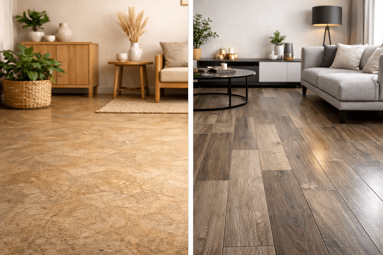 Side by side comparison of linoleum flooring and vinyl plank flooring in modern home interiors